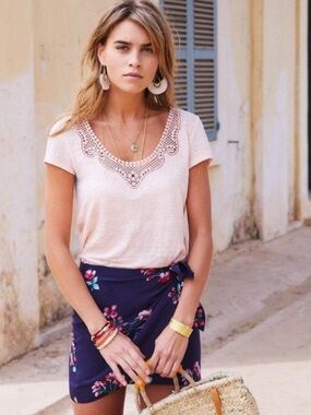 Sezane Loly Lace Short Sleeve Linen Tee Shirt Top White